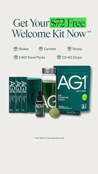 A high-contrast, minimalist promotional graphic showcasing a complete bundle of supplement products offered as a free welcome kit for new subscribers.